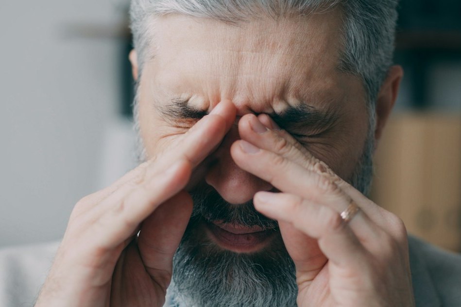 A middle-aged man with a gray beard pressing his fingers to his eyes, looking exhausted and stressed